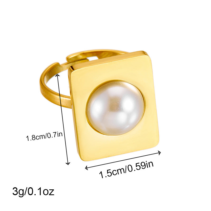 Set di collana, orecchini e anello irregolare quadrato con perle in acciaio inossidabile placcato oro, stile vintage