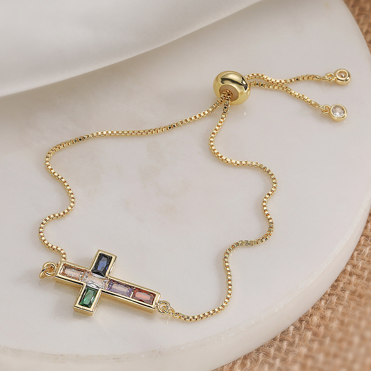 Vintage Luxury 18K Gold Plated Brass Cross Cubic Zirconia Bracelet for Women