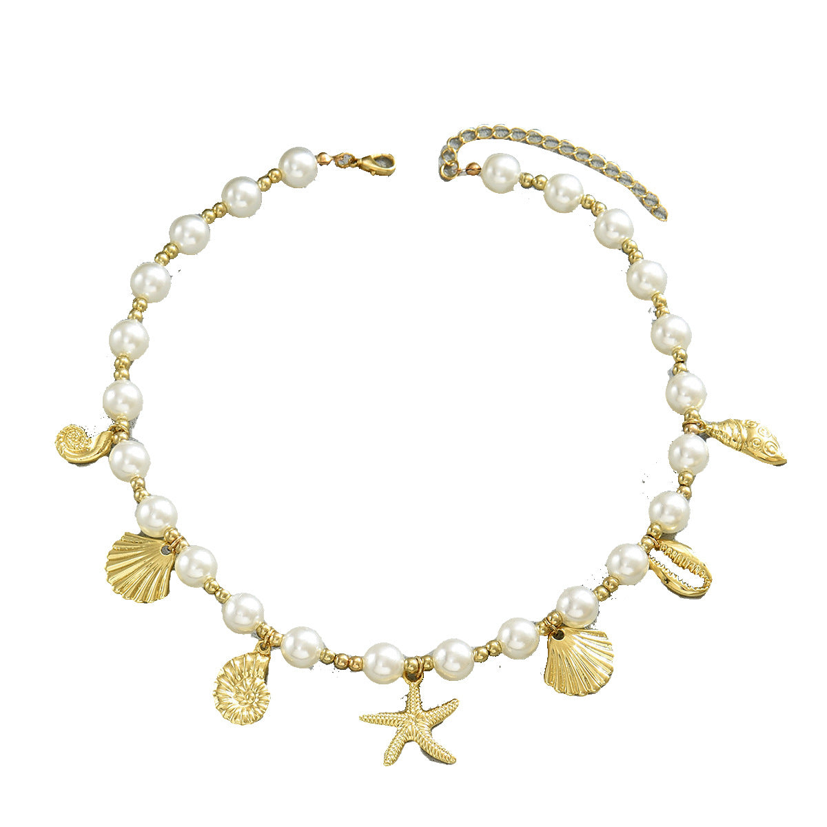 Collana da donna in lega di zinco a forma di stella ispirata all'oceano con intarsio di perle, pendente geometrico a conchiglia su catena classica