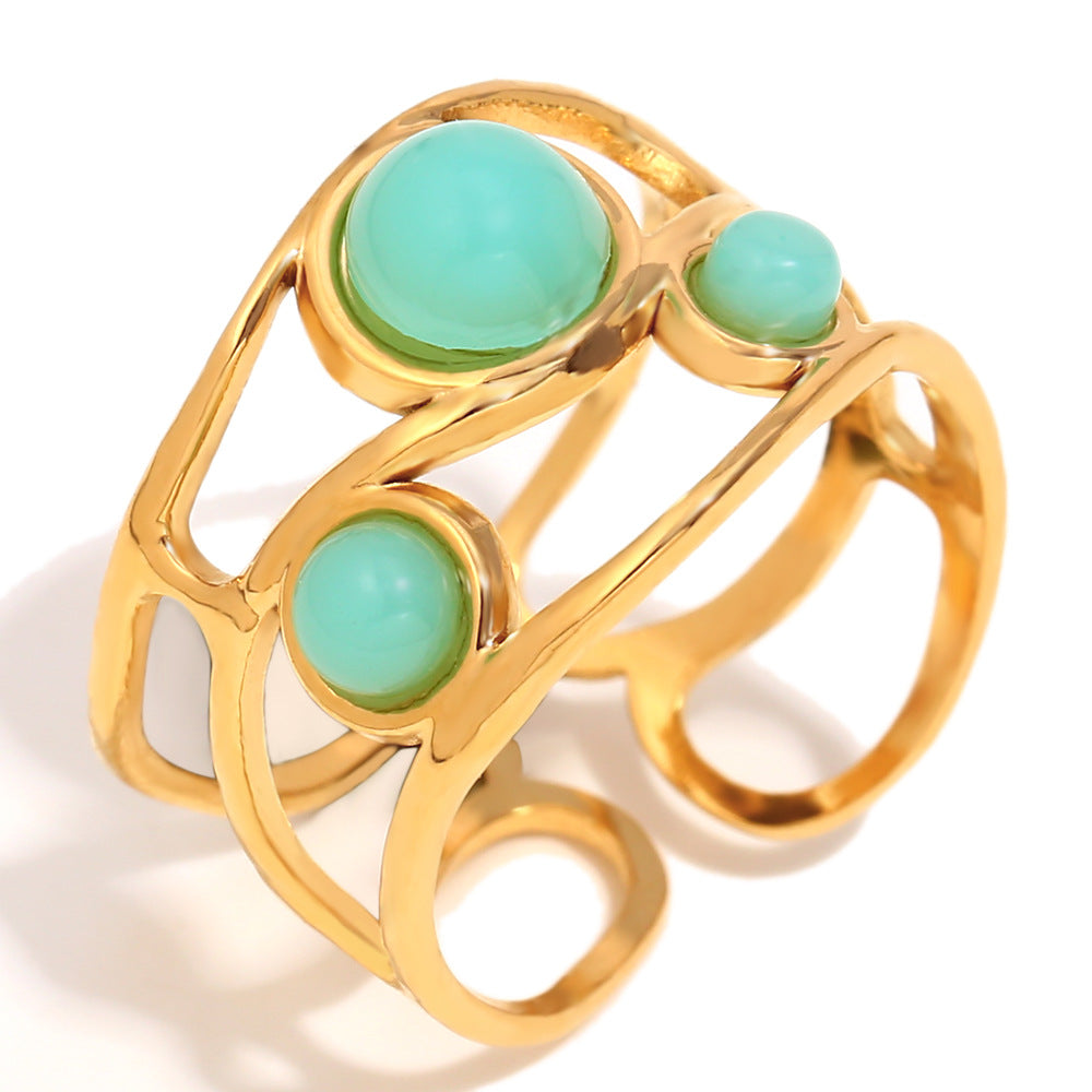 Anello Vintage Francese in Acciaio Inossidabile con Design Geometrico, Placcatura in Oro 18K e Accento Smeraldo per Donna