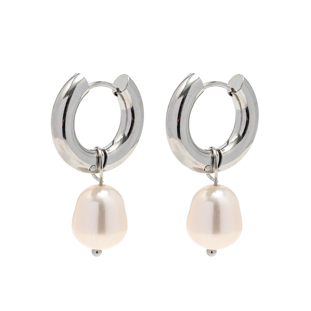 Pendientes minimalistas geométricos de acero inoxidable con colgante de perla natural de agua dulce para mujer