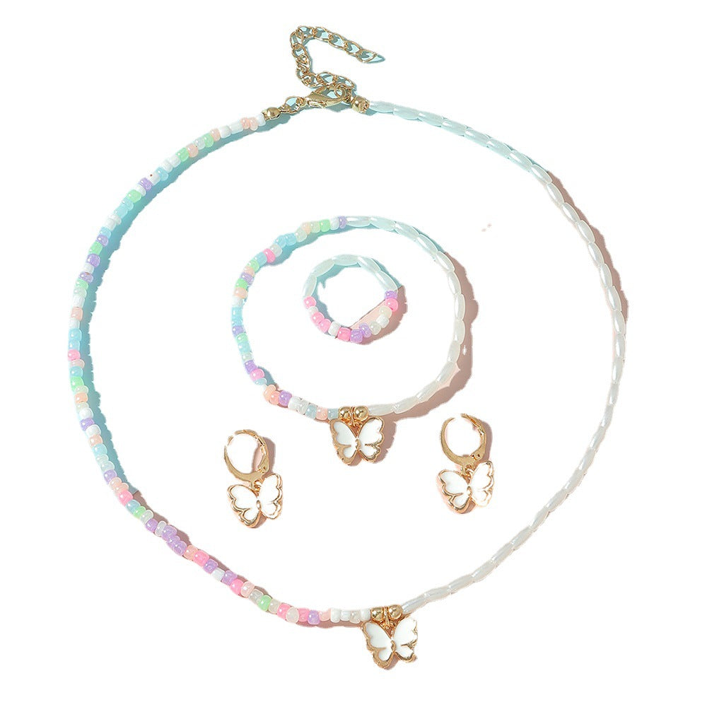 Cute Minimalist Children's Jewelry Set with Enamel Butterfly Pendant on Beaded Chain, 5-Piece Matching Earrings Necklace Bracelet Set