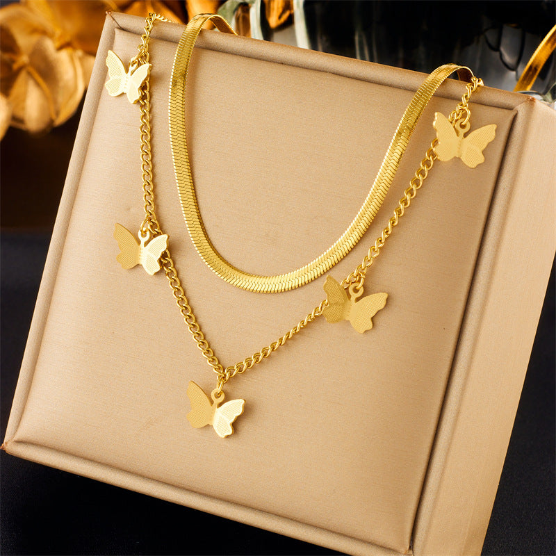 Collar de Acero Inoxidable con Colgante de Perlas, Corazón y Mariposa Minimalista a la Moda para Mujer con Acabado Bañado