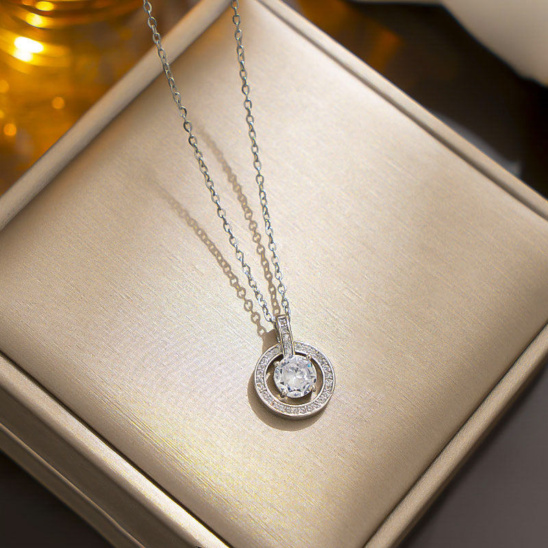 Minimalist Geometric Round Hoop Zirconia Pendant Necklace in Titanium Steel for Women