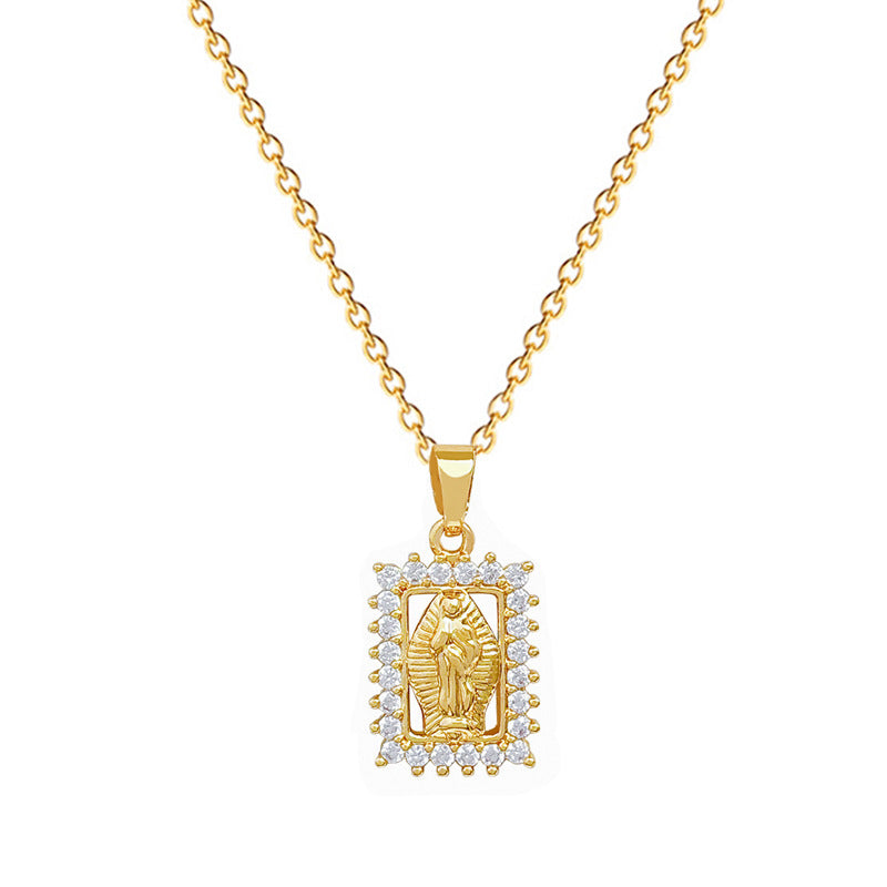 Collana con ciondolo a ritratto con cornice geometrica da donna in acciaio al titanio con intarsio di strass, elegante catena per clavicola