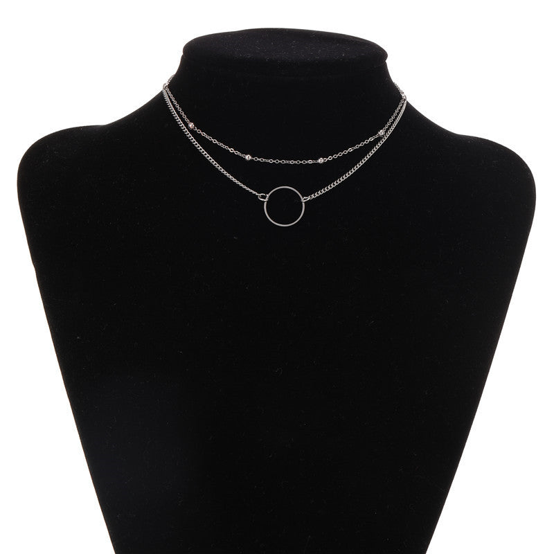 Minimalist Sweet Geometric Round Alloy Plated Pendant Double Layer Ball Chain Necklace for Women
