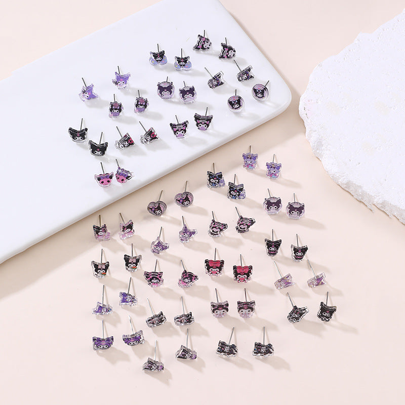 Bonito conjunto de pendientes de tuerca con lazo de gato de dibujos animados de KT para niñas, joyería de resina plástica para niños, regalo de cumpleaños o Año Nuevo