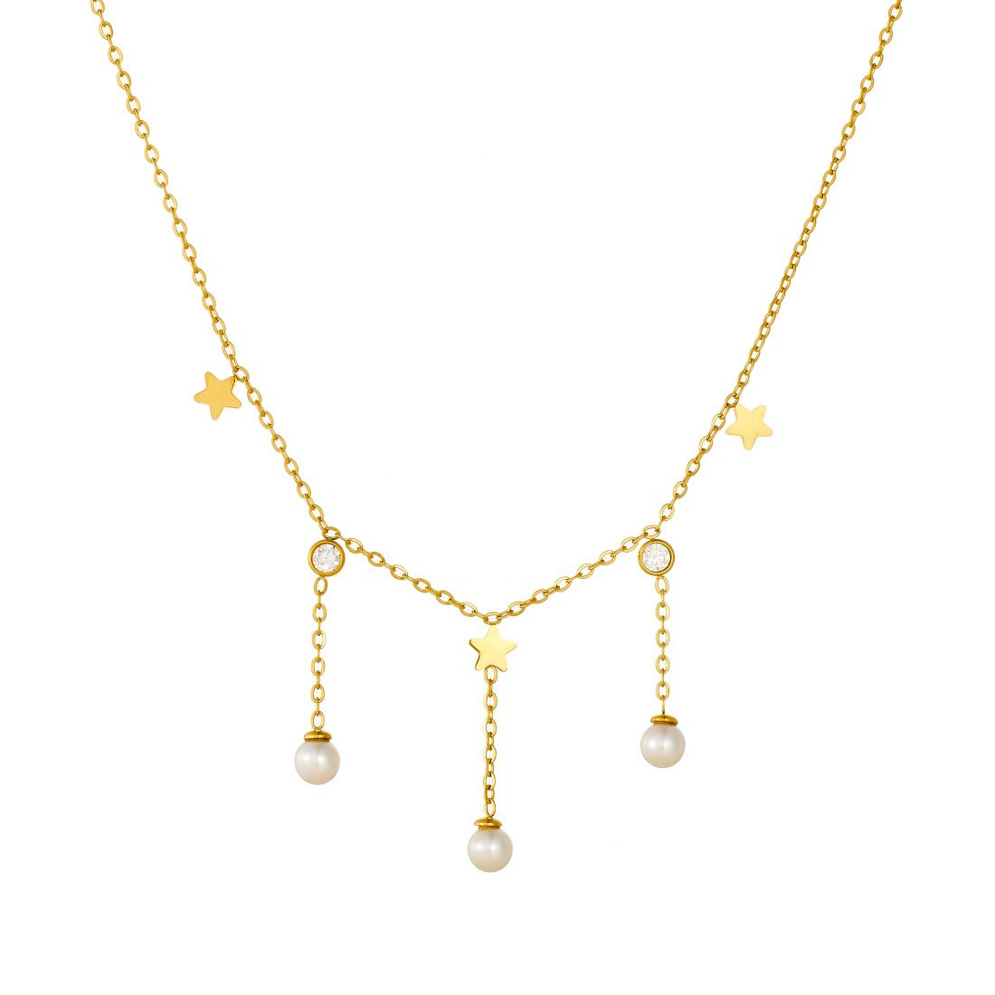 Gold Plated Stainless Steel Star Pendant Necklace with Imitation Pearl and Tassel for Women