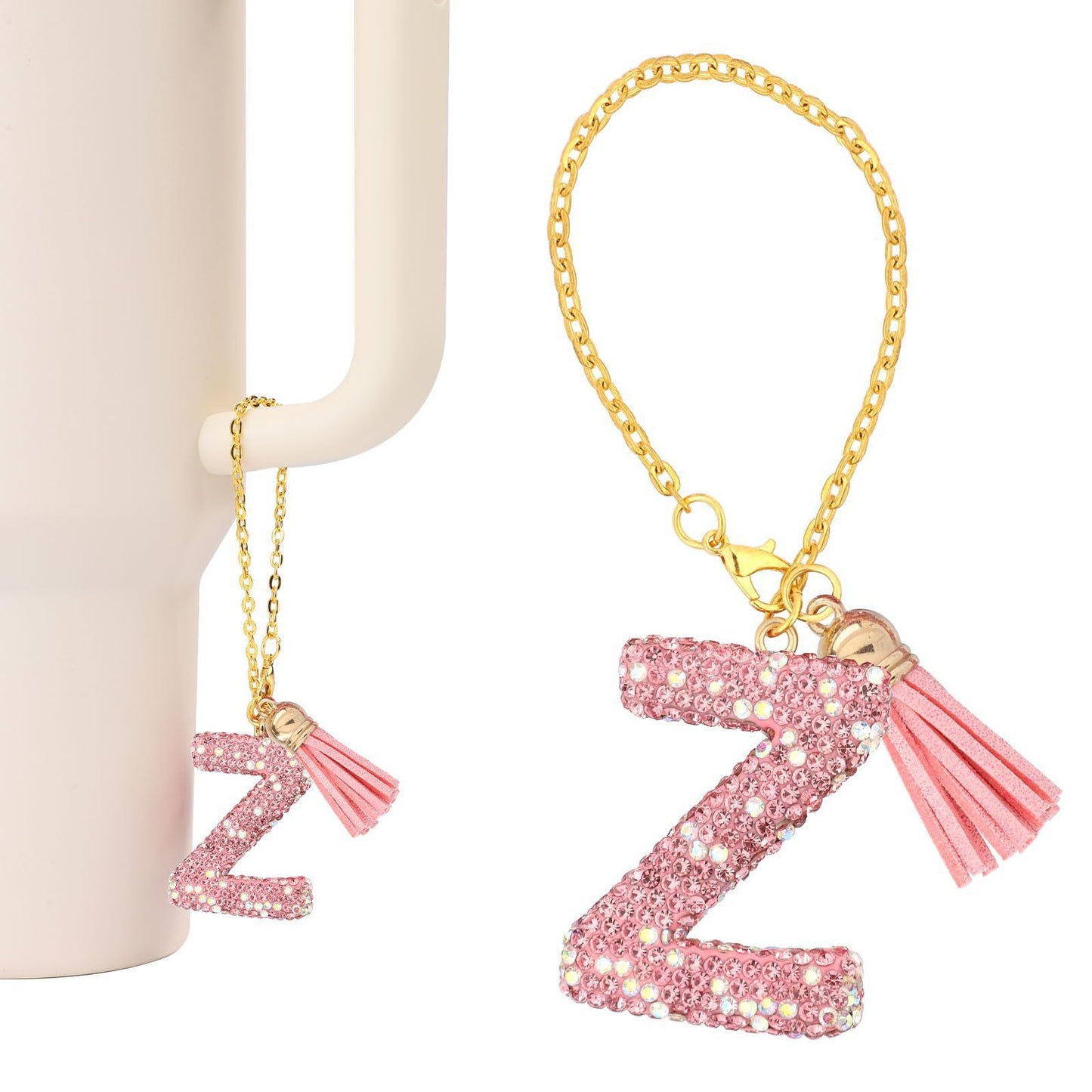 Minimalist Geometric Letter Ceramic Pendant with Gold Adjustable Chain Pink Tassel and Glitter Sequins