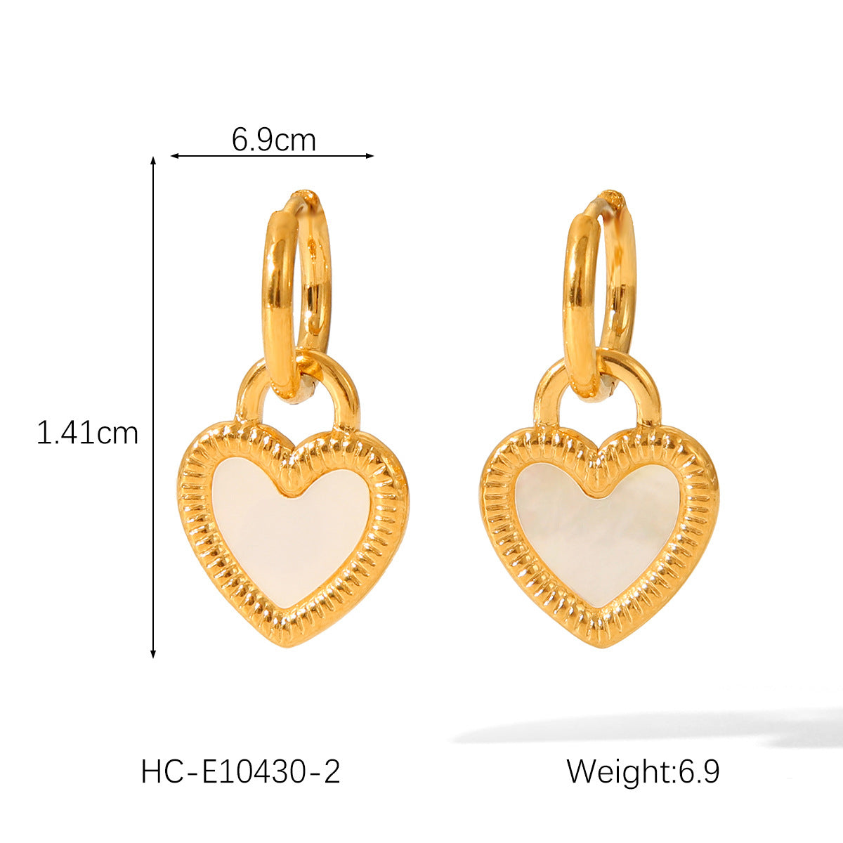 Fashion 18K Gold Plated Stainless Steel Heart Pendant Earrings with White Shell and Rhinestone for Women