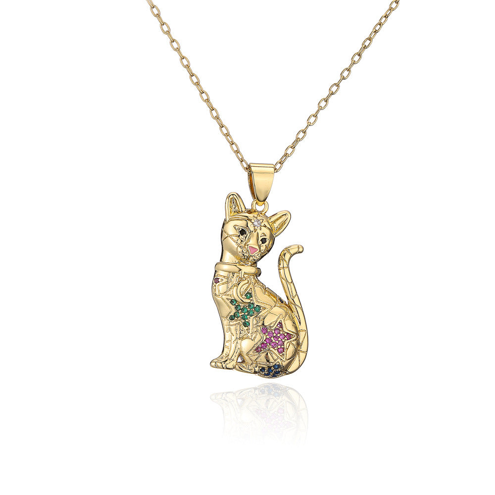 Minimalist Tiger Animal Pendant Necklace in Copper with Gold Plating and Micro-Pave Zirconia