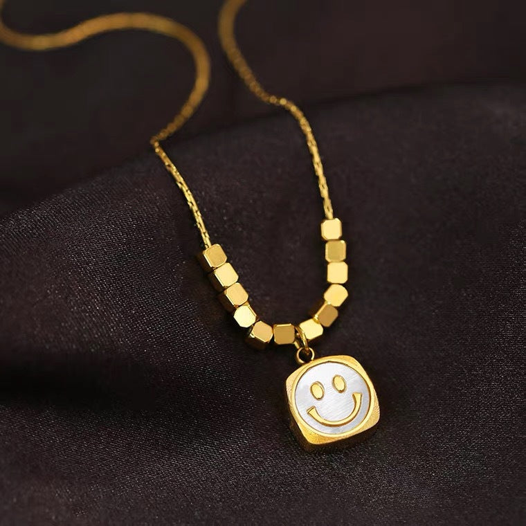 Artistic Minimalist Geometric Shell Smile Pendant Necklace for Women in Titanium Steel with Plated Finish Adjustable Clavicle Chain