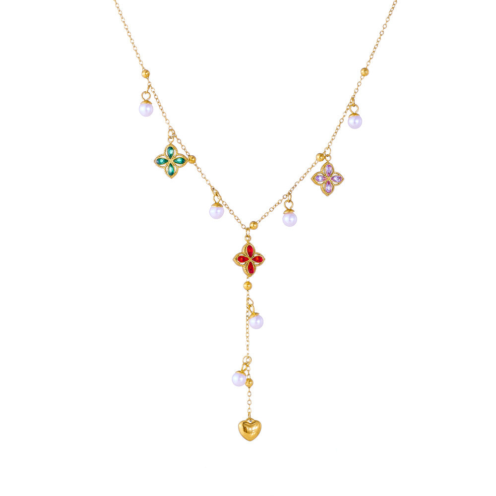 Chic Casual Colorful Floral Rhinestone Pearl Inlay Geometric Pendant Stainless Steel Y-Chain Necklace for Women