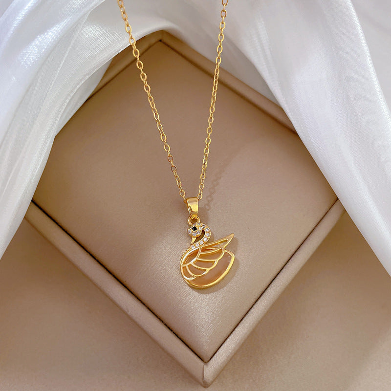 Elegant Swan Pendant Necklace with Cat's Eye Stone on Titanium Steel Chain for Women, Geometric Design, Moon Motif, Minimalist and Fresh Style