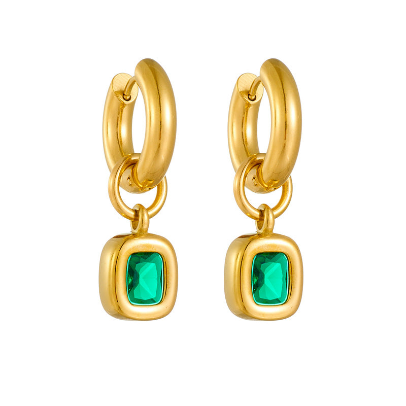 Vintage Minimalist Square and Circle Geometric Titanium Steel Earrings with Emerald Green Rhinestone Inlay