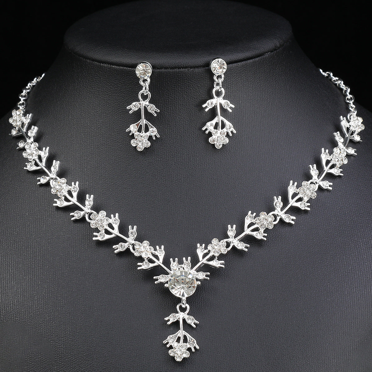 Elegant Luxury Floral Wedding Necklace and Earrings Set for Women with Alloy Pendant, Rhinestone Inlay, Plated Finish, and O-Chain