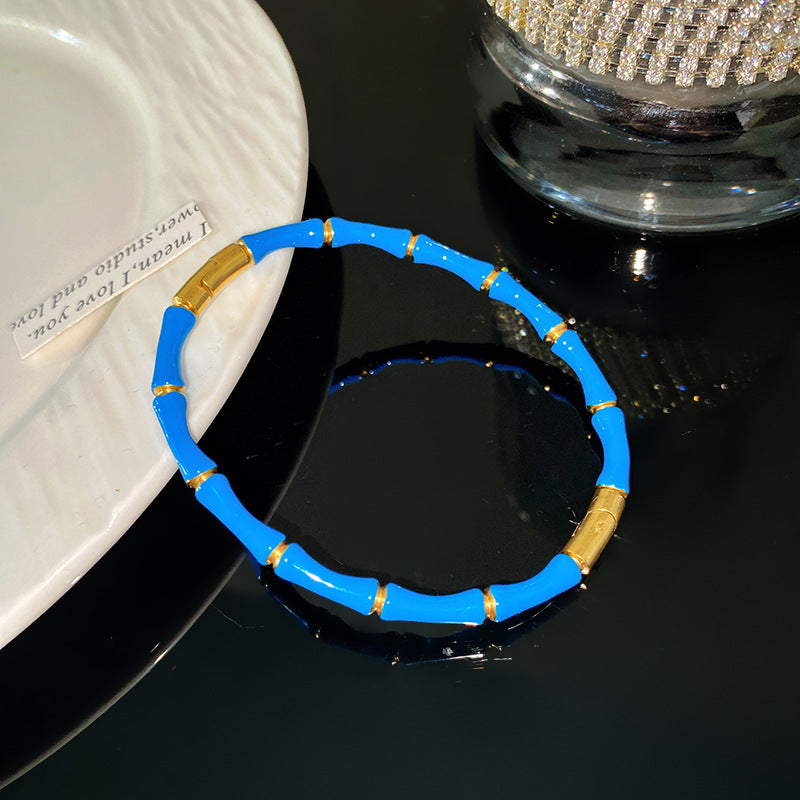 Vintage Red Enamel Geometric Bamboo Titanium Steel Bangle Bracelet for Women