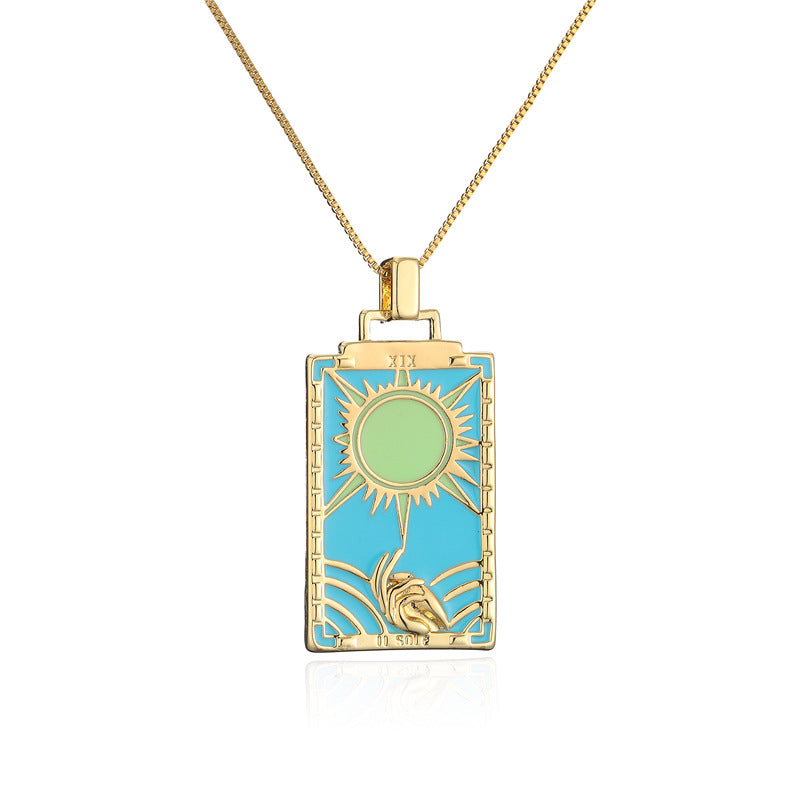 Vintage 18K Gold Plated Geometric Drip Oil Brass Pendant Necklace with Box Chain