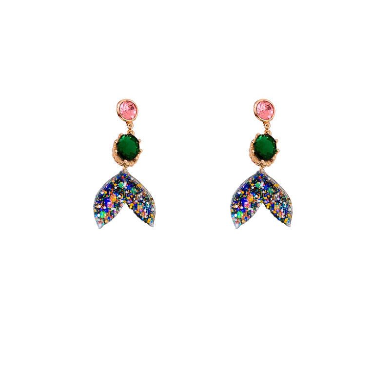 Vintage-Style Fish Tail Earrings with Rhinestone Inlay in Alloy with Plated Steel Posts for Women