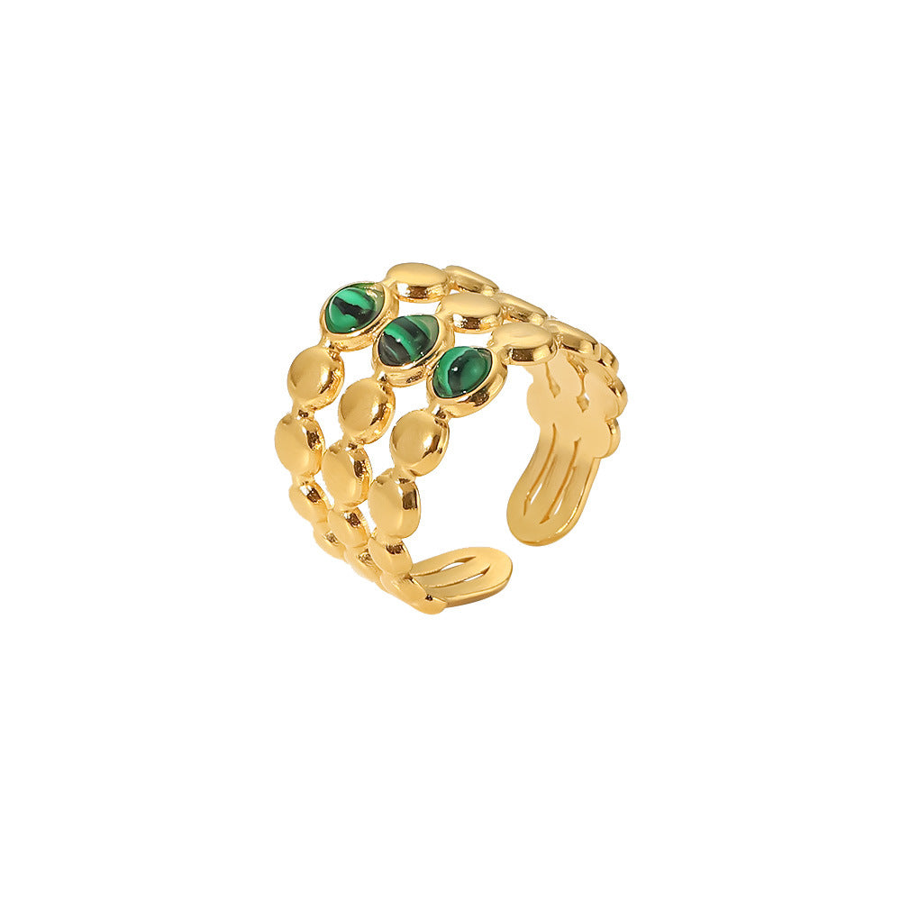 Anello in acciaio inossidabile geometrico stile INS con placcatura in oro 18 carati e intarsio in malachite da donna
