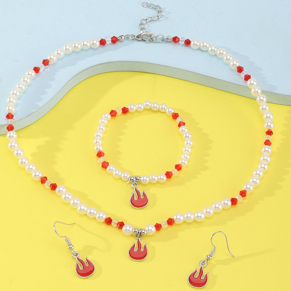 Juego de collar con colgante de llama estilo Dark Fantasy Girl con cuentas de vidrio para niños, incluye pendientes, pulsera y collar con cadena de bolas
