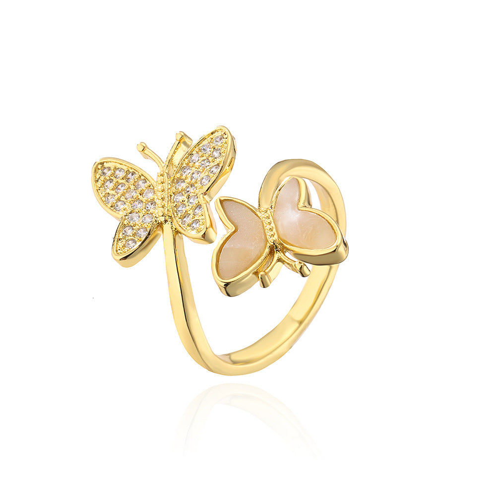 Butterfly-Shaped Geometric Open Ring for Women in Copper with 18K Gold Plating and Zircon Inlay