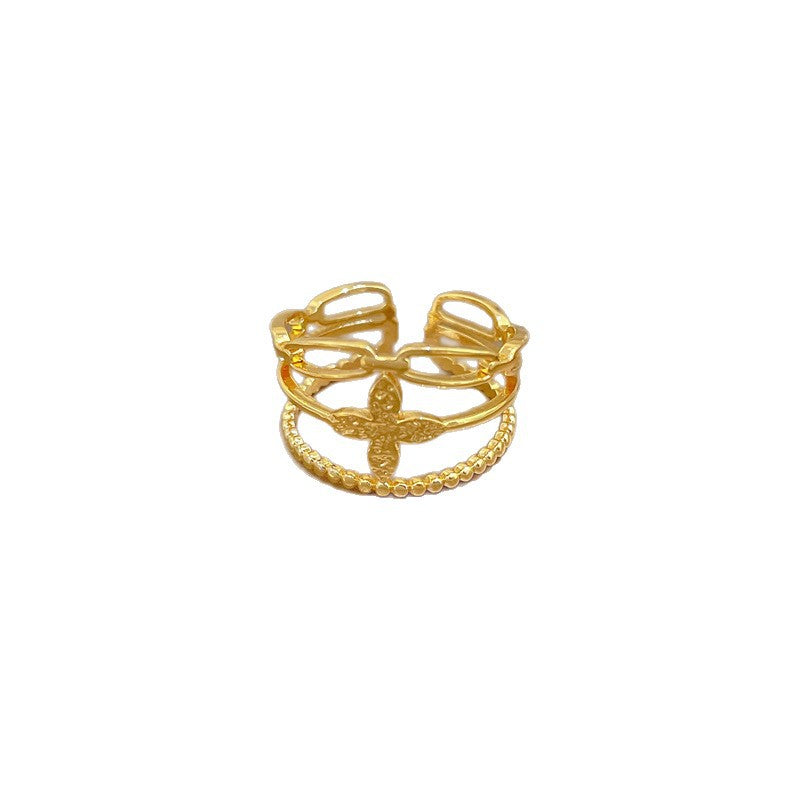 Minimalist Sweet Gold Plated Brass Plant Ring Adjustable Open Band for Couples