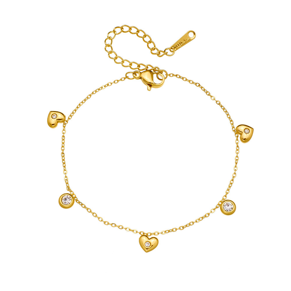 Minimalist Elegant Round Heart Rhinestone Inlay Gold Plated Stainless Steel Bracelet for Women