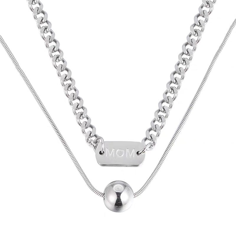 Collana Doppia Strato Minimalista con Perline Rotonde Geometriche da Donna, in Acciaio al Titanio, con Catena Cubana e Finitura Placcata
