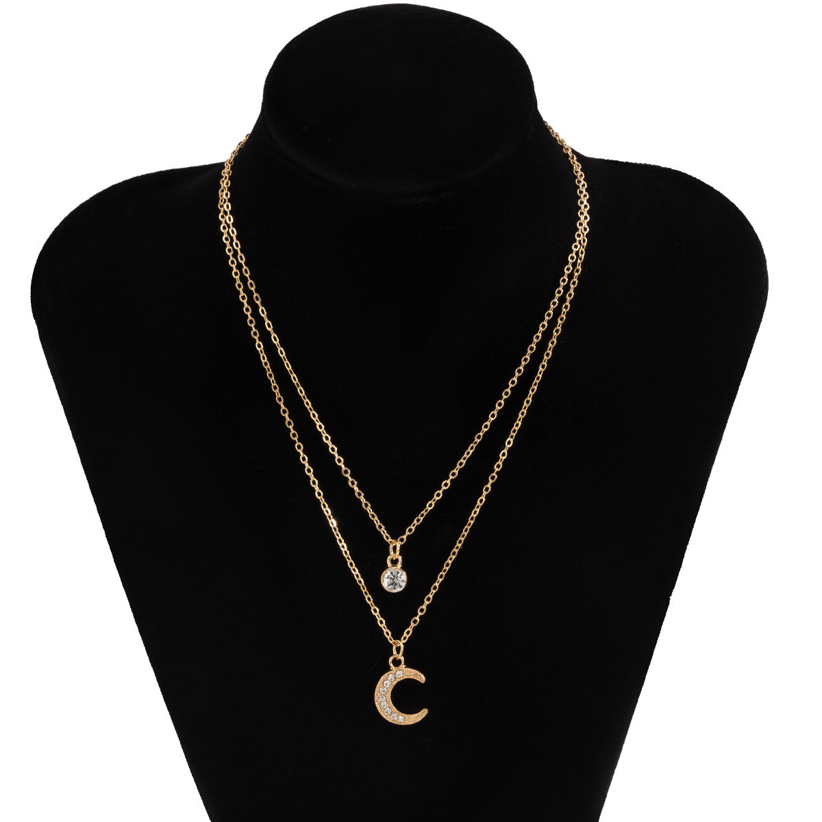 Collana da donna a frange con strass minimalisti, a clavicola, pendente in lega a doppio strato a mezzaluna con finitura placcata