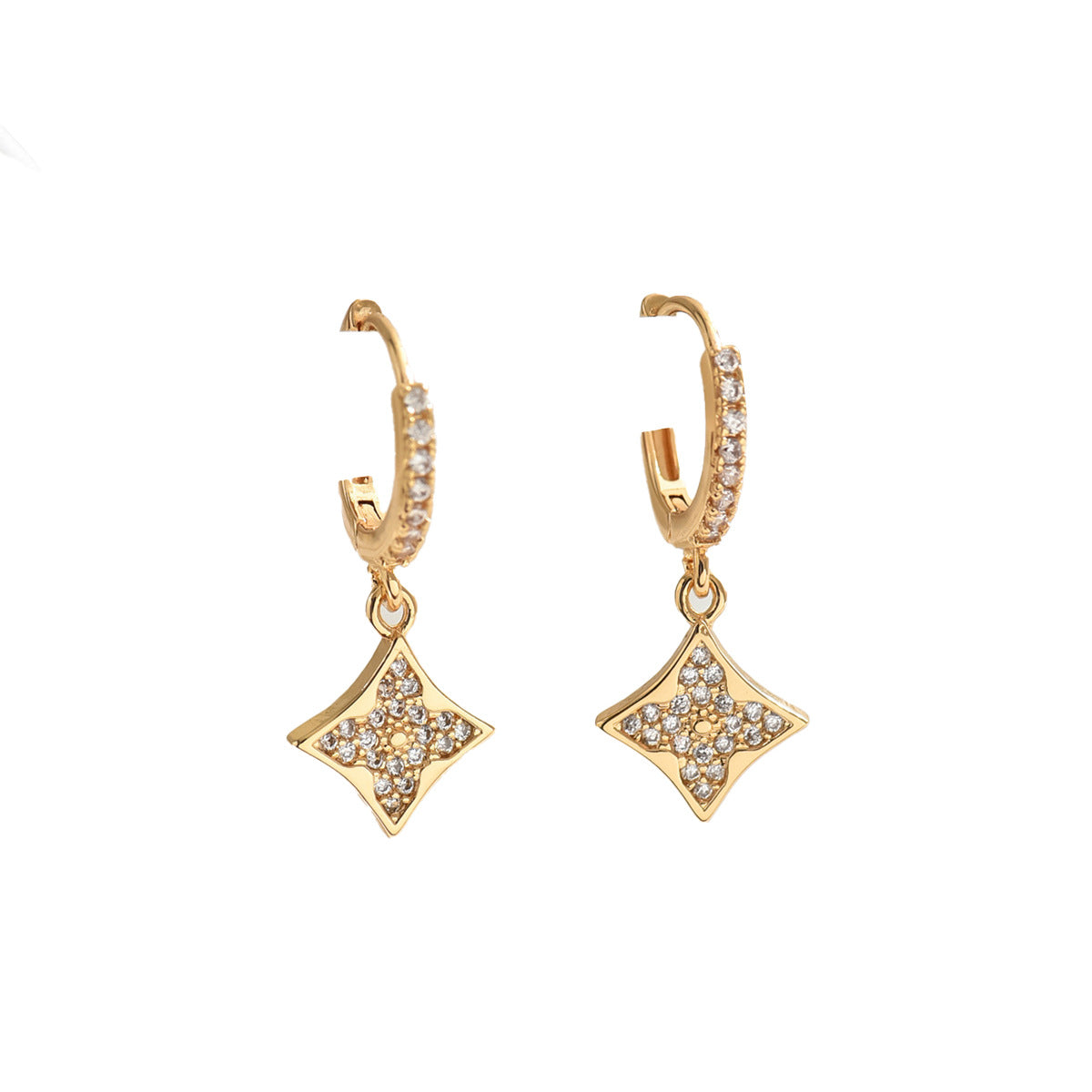 Pendientes de acero inoxidable con circonita incrustada en forma de estrella de cuatro puntas, estilo minimalista de lujo, para mujer.
