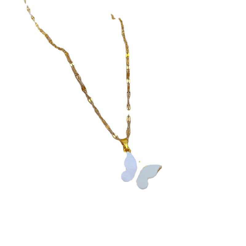 Collana con Pendente a Farfalla in Acciaio al Titanio Minimalista di Lusso con Madreperla per Donna, Delicata Catenina con Strass Intarsiati