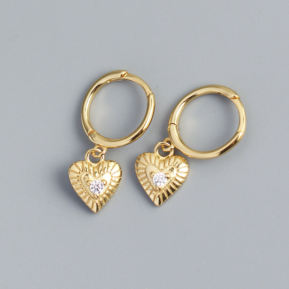 Minimalist Heart-Shaped S925 Sterling Silver Stud Earrings with Rhinestone Inlay for Women