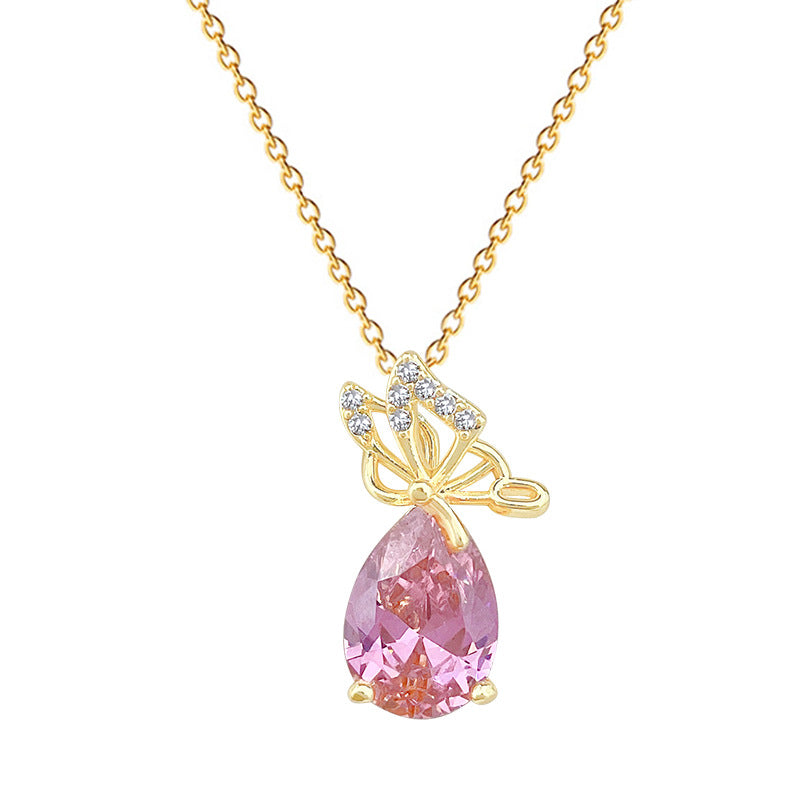 Sweet Butterfly Teardrop Rhinestone Plated Titanium Steel Necklace for Women and Men