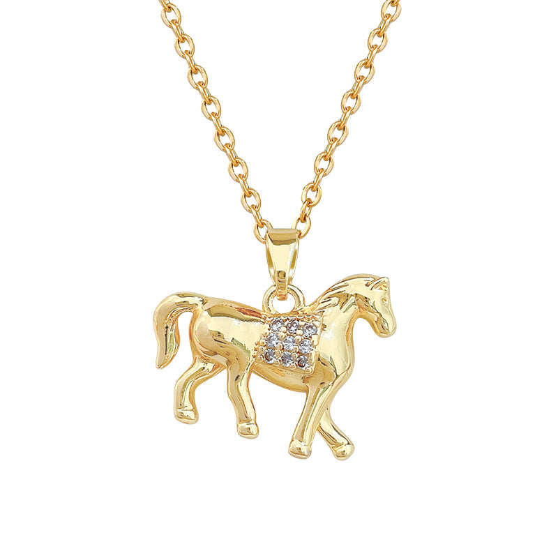 Sweet Full Rhinestone Horse Geometric Pendant Titanium Steel Necklace for Unisex