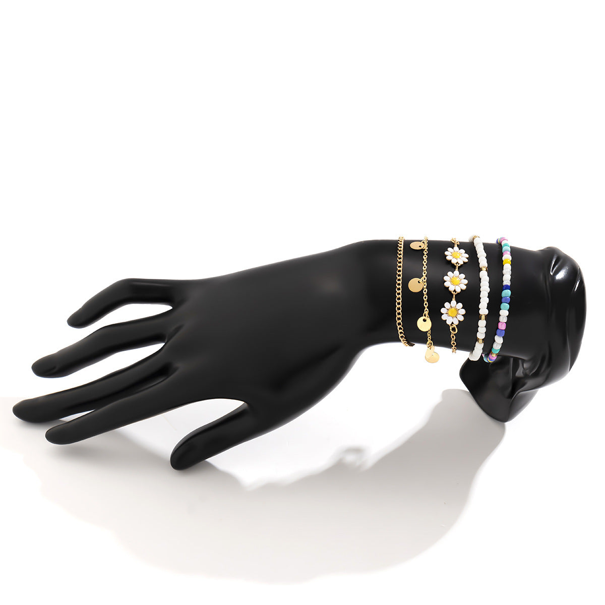 Juego de pulseras minimalistas tipo margarita con borlas de diamantes de imitación y cuentas de aleación para mujer