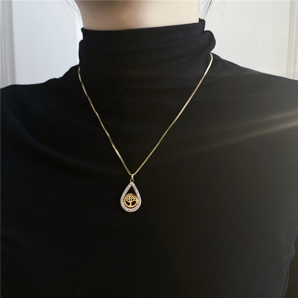 Sweet Teardrop Geometric Stainless Steel Inlaid Cubic Zirconia Alloy Pendant Necklace Box Chain
