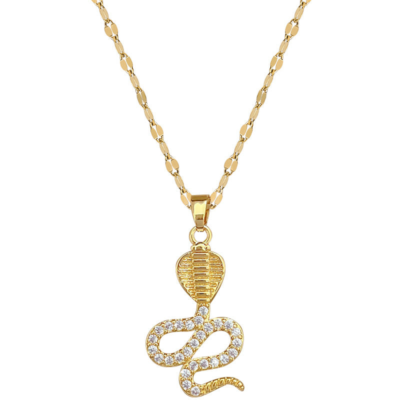 Luxury Snake-Shaped Rhinestone-Encrusted Titanium Steel Necklace for Women Delicate Clavicle Chain Geometric Design