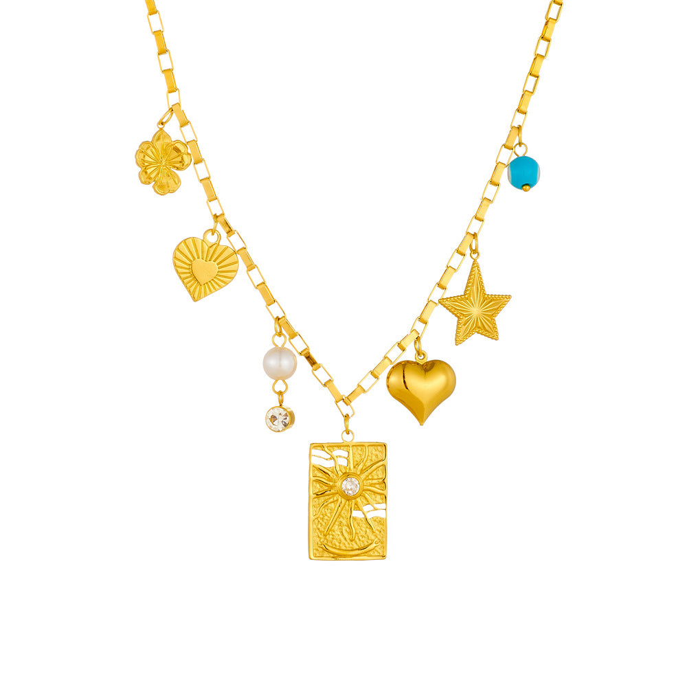 Collana con ciondolo a cuore, stella e occhio geometrico personalizzato, placcato oro su catena a maglie in acciaio inossidabile da donna