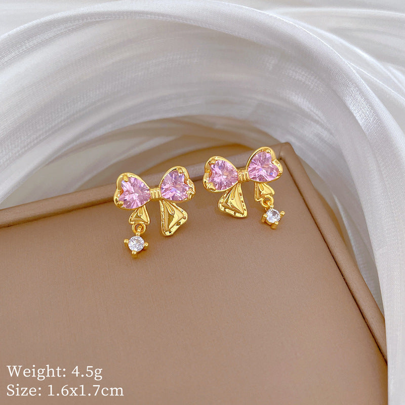 Sweet Micro-Set Cubic Zirconia & Amethyst Crystal Four-Leaf Flower Bow Pendant Titanium Steel Necklace for Women