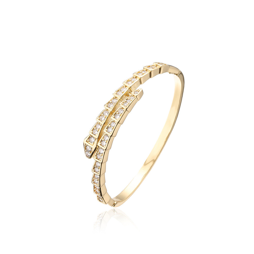 Fashion-Forward Geometric Snake-Shaped Copper Bracelet with Genuine Gold Plating and Micro-Paved Zirconia