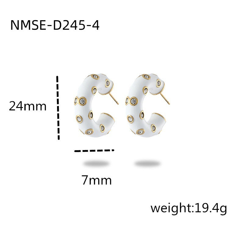 Pendientes de acero de titanio con forma de C, minimalistas y a la moda, para mujer, con acabado esmaltado e incrustaciones de diamantes de imitación