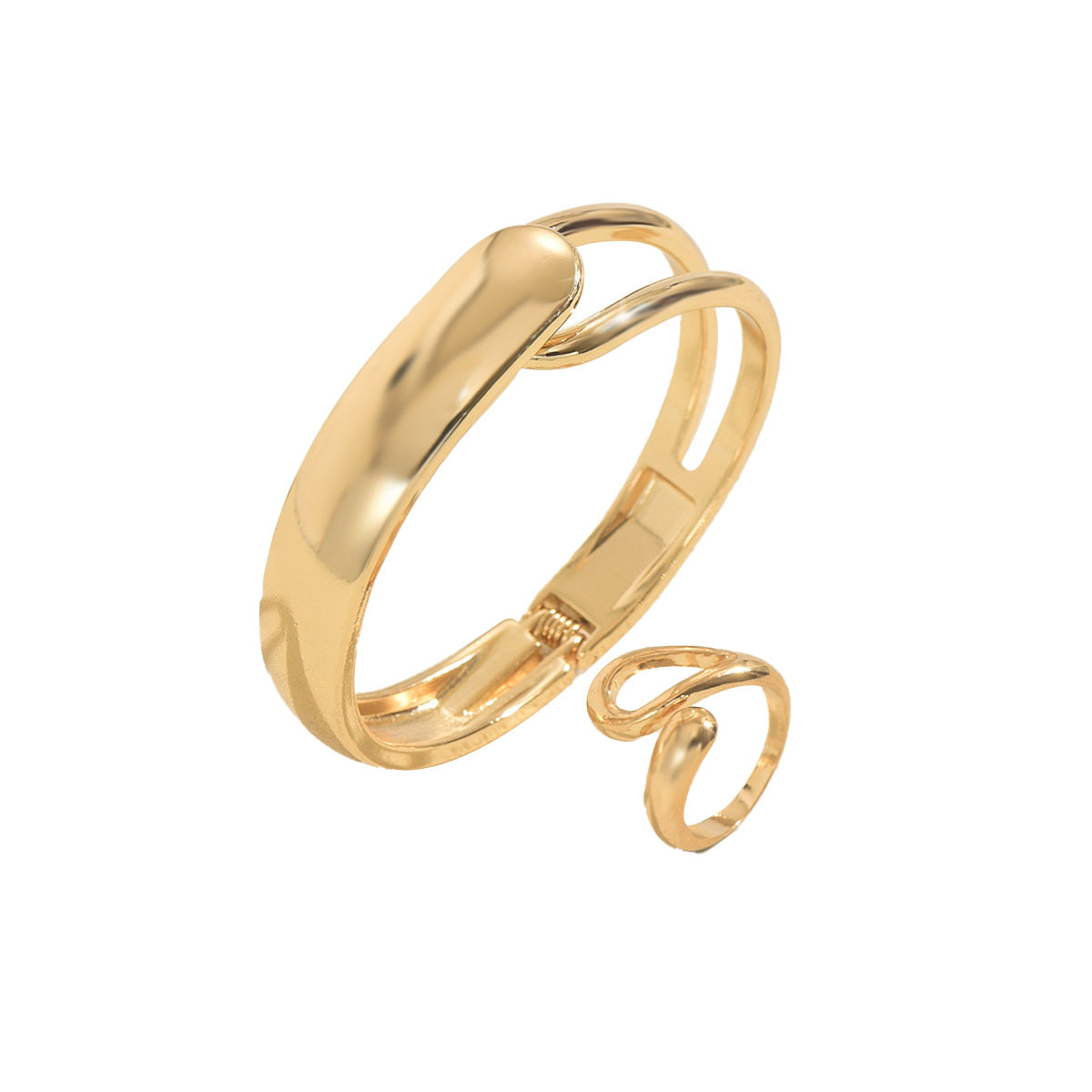 Conjunto de pulsera y anillo geométricos ajustables para mujer en aleación de zinc con acabado chapado