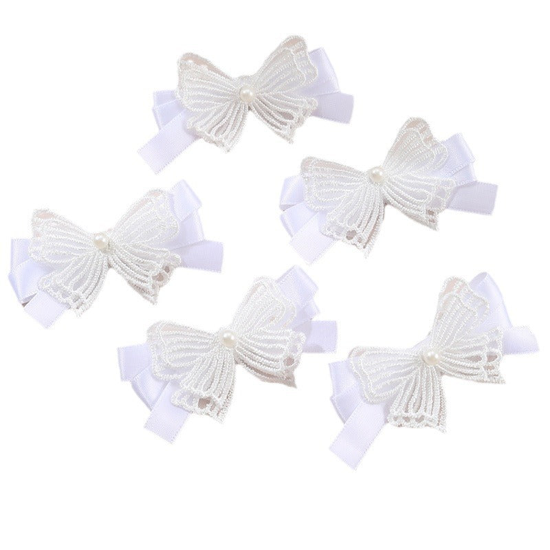 Set de Pinzas de Pelo con Lazos Bordados de Organza Blanca Minimalista para Niñas con Detalles de Perlas