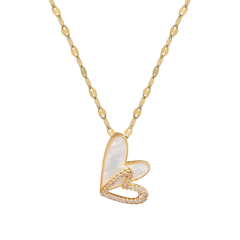 Elegant Hollow-Out Heart Pendant Necklace for Women Stainless Steel Double Layer Delicate Collarbone Chain with Rhinestone Accents