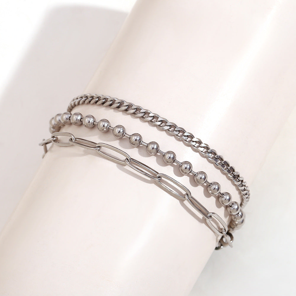 Cavigliera Minimalista Geometrica in Acciaio Inox con Placcatura Oro 18K, Gioiello Elegante a Triplo Strato per Donna