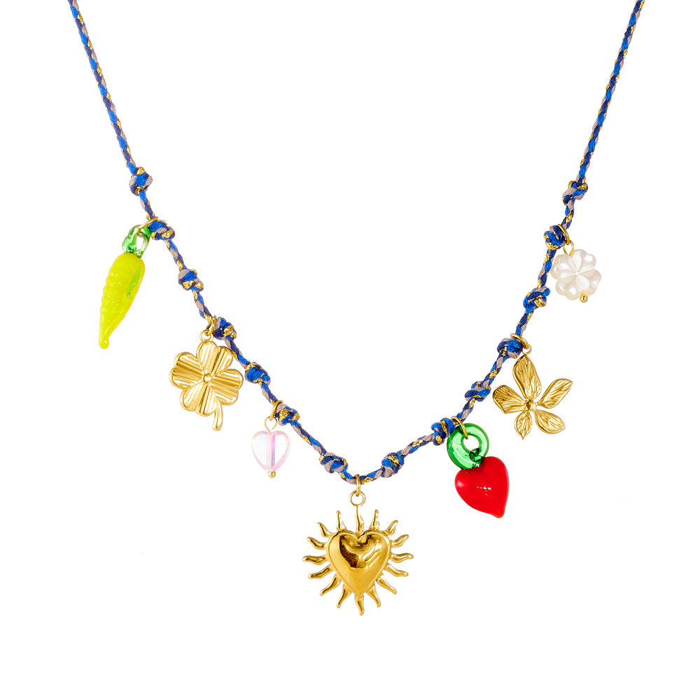Sweet Drip Oil Heart and Floral Plated Stainless Steel Necklace