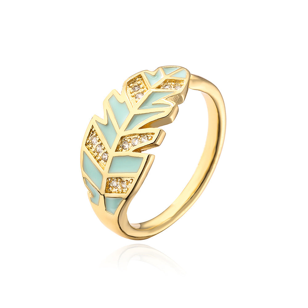 Anello Minimalista Geometrico a Foglia in Rame con Placcatura in Oro e Intarsio in Zircone per Donne