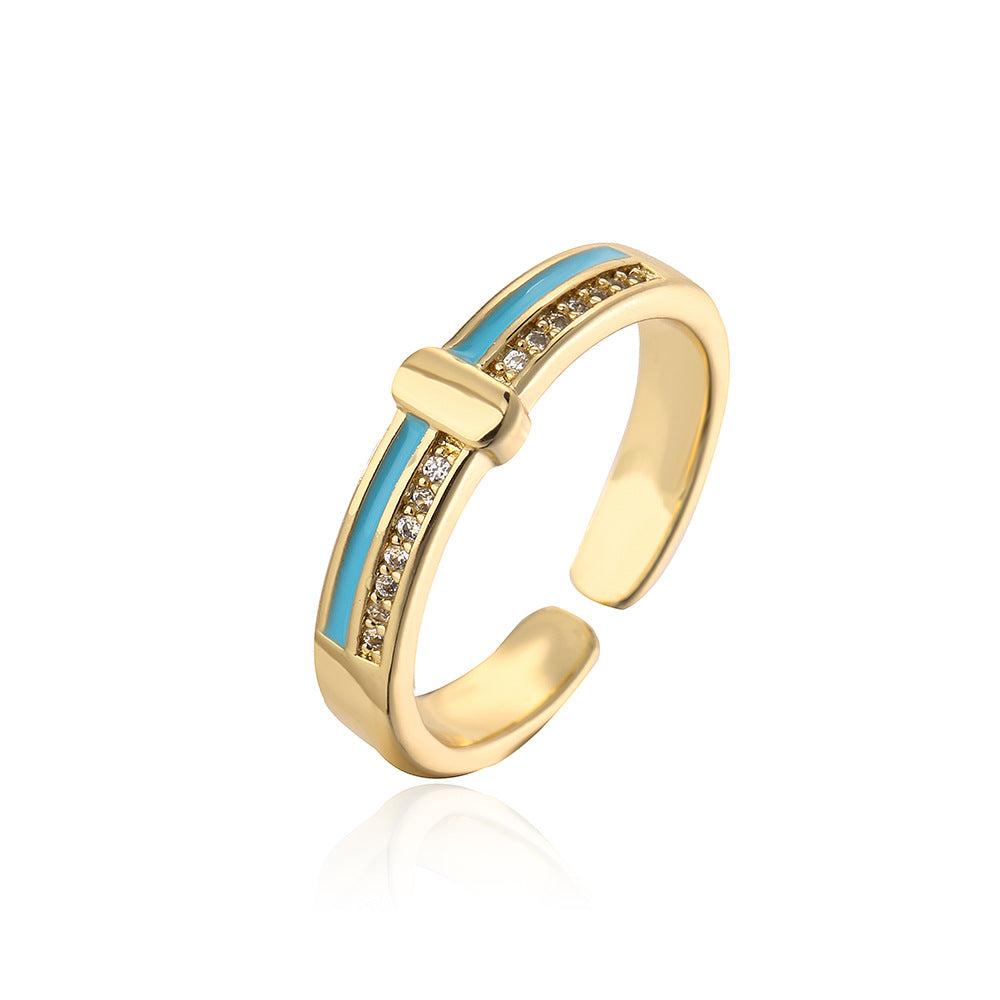 Anello minimalista geometrico in rame con placcatura in oro vero e accenti di zirconi smaltati da donna