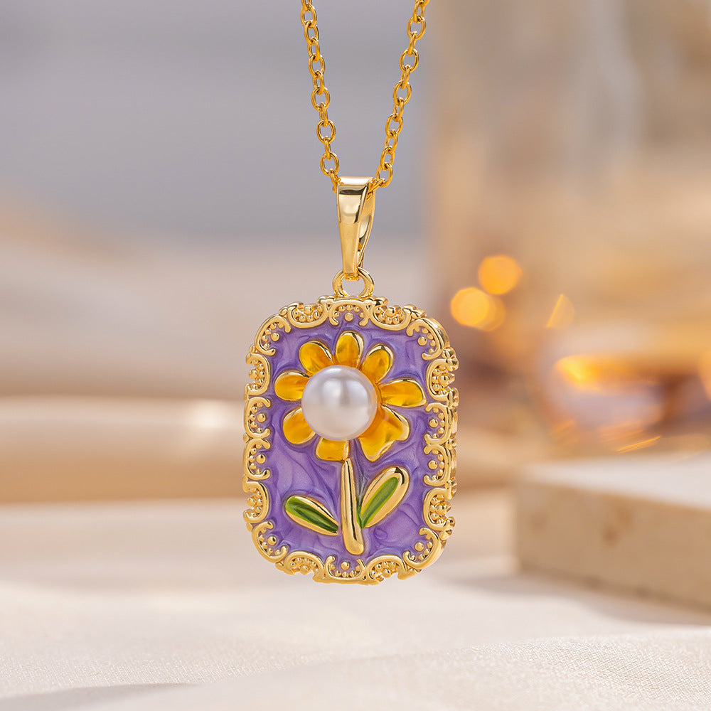 Minimalist Sunflower Pendant Necklace in Titanium Steel with Enamel Finish for Women, O-Chain Locket Style